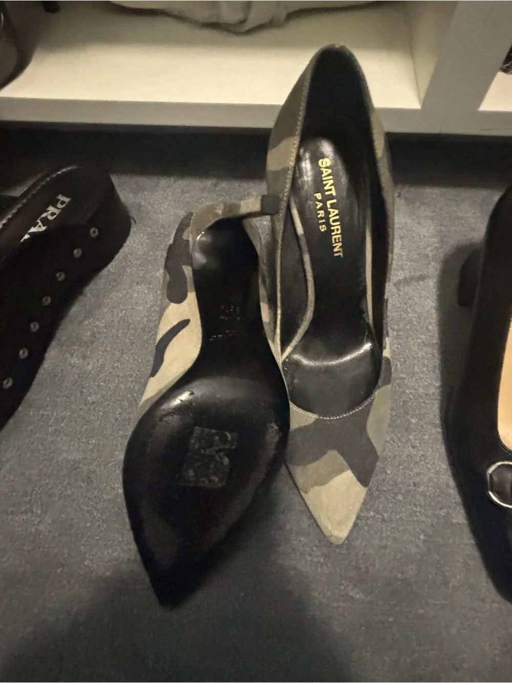 Saint Laurent Camo Pointed-Toe Pumps in Olive and Black - Picture 2 of 3